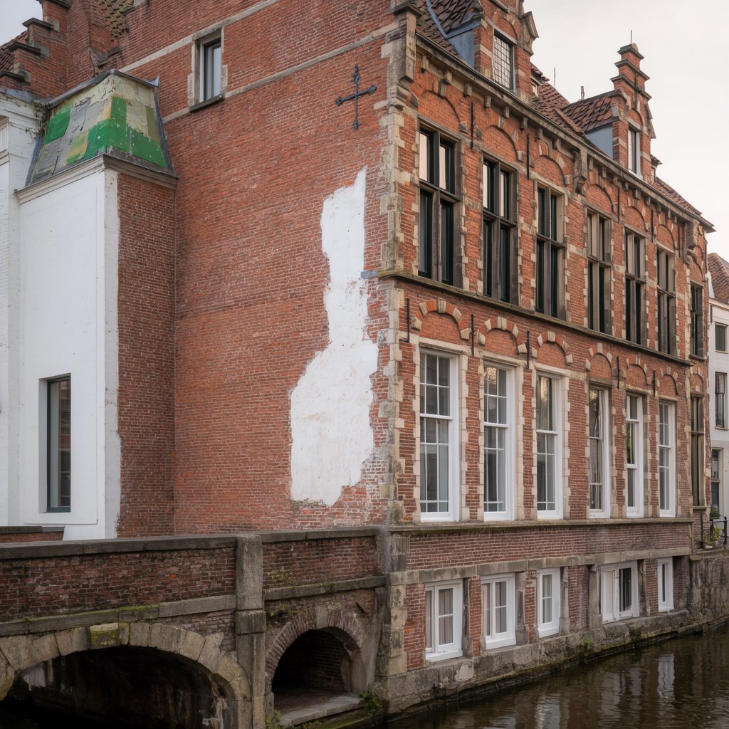 Exterior of a Dutch Renaissance canal-side archive, with warm red brick, pale stone bands, stepped gables, and tall sash windows; soft overcast light reveals the masonry, viewed from the opposite quay, with convincing structure and precise architectural lines. — Krea 2 Large