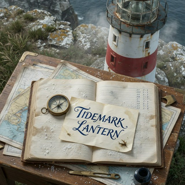 Beside a cliffside lighthouse, a salt-speckled logbook lies open on a chart table; "TIDEMARK LANTERN" is handwritten in looping dark-blue ink across a cream note tucked beneath the compass, with no other legible writing. — Grok Imagine Image Quality