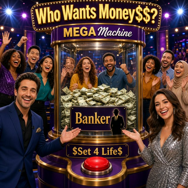 People on the set of a super mega game show called "Who Wants Money$$$?". There are at least six adults (three men and three women), all of different races, looking really excited. There is a big machine with a lot of cash inside. At the top of the machine it says "Who Wants Money$$$? MEGA Machine". In the middle of the machine it says "Banker", with the shadow of a man near the name. At the bottom of the machine it says "$Set 4 Life$", with a red button in the middle of the words. Near the machine are game hosts on both sides of it: a handsome man and a pretty woman. — Grok Imagine Image 2