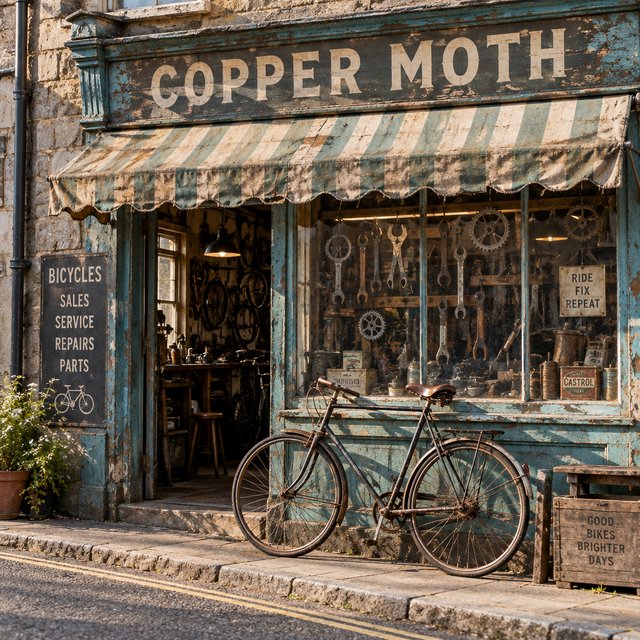 An old roadside bicycle workshop beneath a faded striped awning, rusted tools displayed in the window, with "COPPER MOTH" painted in cream block letters across the weathered wooden fascia, afternoon sunlight catching peeling turquoise paint. — GPT Image 2.5 Sunburst