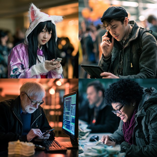 Realistic. Four scenes in one. 1) A pretty Japanese woman, about 19–23 years old, in cat-type cosplay at an anime convention. 2) An old German man or woman, about 60–65 years old, finally having a breakthrough that would change the world. 3) A happy, mixed-race, 21-year-old female or male hacker checking their bank account, which has many zeros, with a bundle of cash near their PC. 4) A happy moment that would make you smile. — Midjourney V8.2