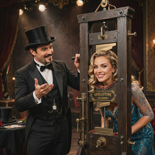Well dressed stage magician performs the guillotine illusion using a beautiful glamorous adult female assistant. The smiling confident assistant has her head through the hole in the guillotine device. — Muse Image 1.0