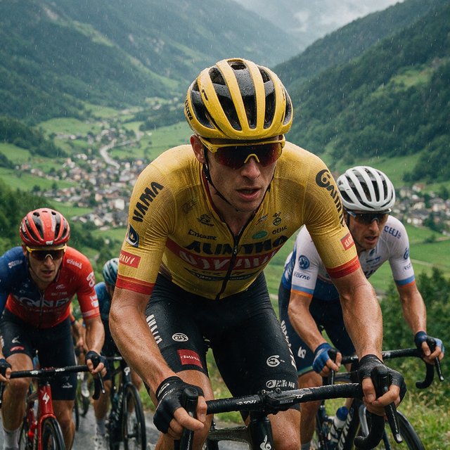 A frontal, close-up shot of a field of competitive cyclists ascending a mountain in the rain. In the background, we see a lush green valley with a small town. — Seedream 5.0 Pro