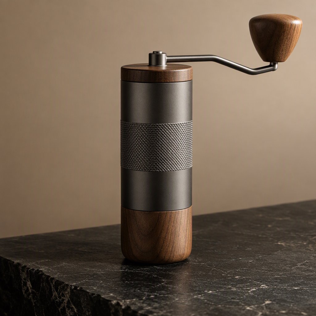 Commercial product photograph of an unbranded portable espresso grinder crafted from anodized aluminum with walnut accents, resting on a black stone surface against a warm beige background, illuminated by broad diffused studio light and a subtle edge highlight. — GPT Image 2.5 Sunburst