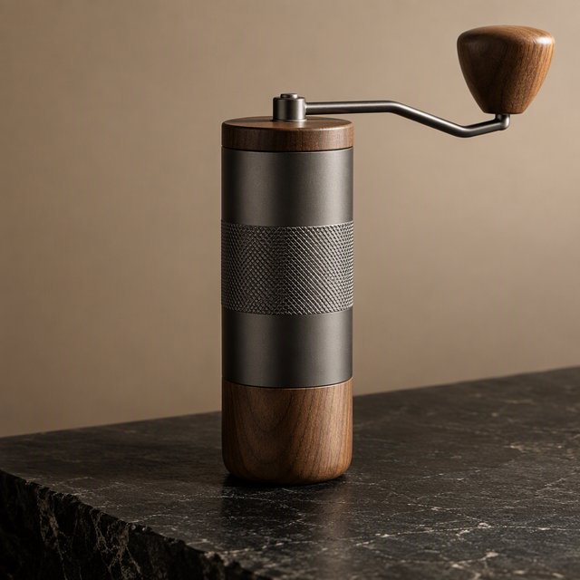 Commercial product photograph of an unbranded portable espresso grinder crafted from anodized aluminum with walnut accents, resting on a black stone surface against a warm beige background, illuminated by broad diffused studio light and a subtle edge highlight. — GPT Image 2.5 Sunburst