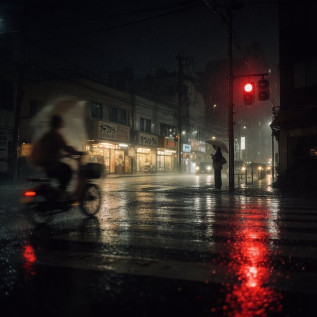 A rain-soaked city crosswalk at night seen from across the street, umbrellas, reflections of traffic lights on wet asphalt, slight motion blur on a passing cyclist. — Krea 2 Large