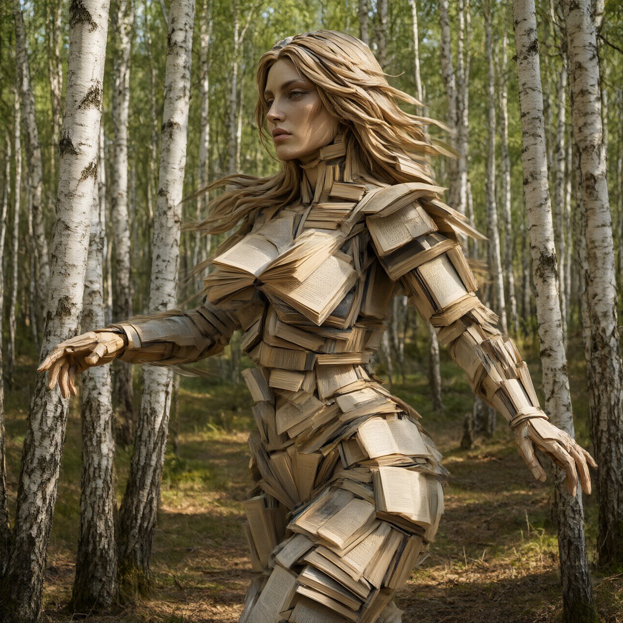 Create an adult odalisque entirely made of anthologies. The odalisque is formed from an anthology, with movement and motion blur that clearly shows its composition. The material should appear high quality, with dappled sunlight. The background is a birch forest, and the overall mood is Futurism. — Qwen Image 3.0
