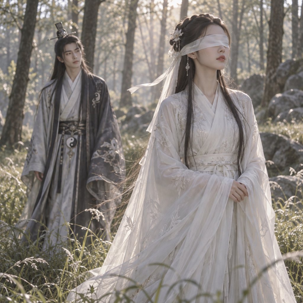 A beautiful young adult woman in flowing white hanfu stands quietly in a sparse forest, blindfolded with a soft white cloth. Grass surrounds her feet, and the scene feels calm, mysterious, and poetic. A few steps behind her stands a young adult male Taoist in traditional robes, gazing at her with a mesmerized, captivated expression. Gentle natural light filters through the thin trees, creating an ethereal atmosphere. Cinematic, elegant, emotionally evocative. — GPT Image 2.5 Sunburst