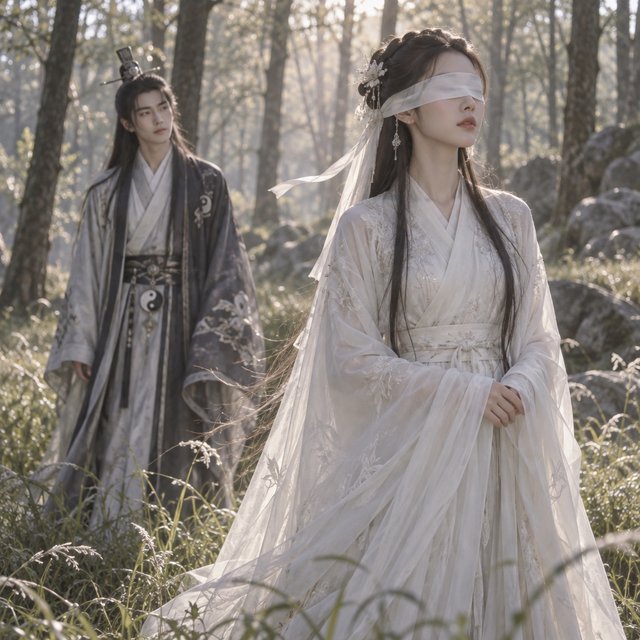 A beautiful young adult woman in flowing white hanfu stands quietly in a sparse forest, blindfolded with a soft white cloth. Grass surrounds her feet, and the scene feels calm, mysterious, and poetic. A few steps behind her stands a young adult male Taoist in traditional robes, gazing at her with a mesmerized, captivated expression. Gentle natural light filters through the thin trees, creating an ethereal atmosphere. Cinematic, elegant, emotionally evocative. — GPT Image 2.5 Sunburst