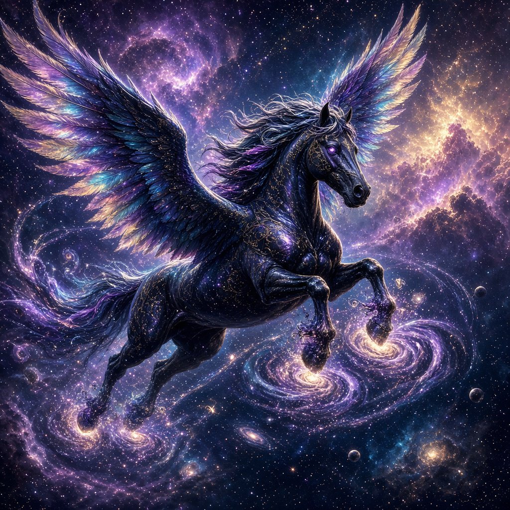 A majestic winged horse, with iridescent feathers and a coat like polished obsidian, is soaring through a celestial realm filled with nebulae and shimmering stardust. Around its hooves, tiny galaxies spiral outwards. The style is reminiscent of intricate fantasy illustration, with glowing, ethereal colors and a sense of deep cosmic wonder — Grok Imagine Image 2