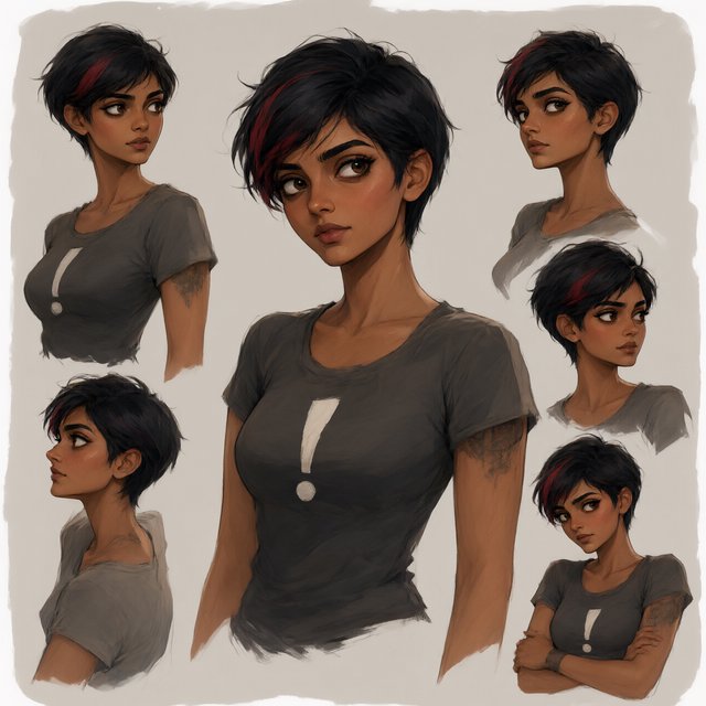 Character exploration sheet of the same 25-year-old Indian woman in several bust and waist-up studies, varied expressions and three-quarter views, one larger central portrait. Warm brown skin, black pixie haircut with red streaks, tattoos, tight T-shirt bearing an exclamation mark (!). Plain warm light-gray background, irregular painted edges. Stylized semi-realistic digital painting with animation-inspired proportions, large expressive eyes, strong brows, simplified anatomy and convincing volume. Minimal linework, soft blended facial shading, broad angular brushstrokes on clothing. Luminous warm brown skin with terracotta undertones, subtle blush, restrained highlights. Hair painted in sculpted masses with broad highlights and fine flyaways. Muted charcoal and earthy neutrals, soft directional studio lighting, detailed eyes and lips, loose edges and unfinished brushwork. — Qwen Image 3.0