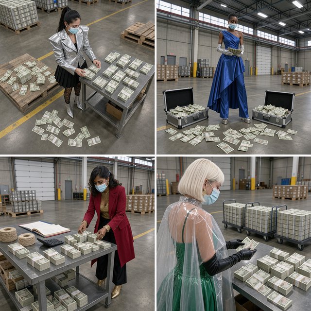 Adult women wearing masks (the kind you wear when you have a cold), in a warehouse, all wearing the kinds of outfits you would see models wear on a runway, counting lots of money (money is seen everywhere, on tables, on the floor, etc.). At least 4 different POVs. — FLUX 3 Image