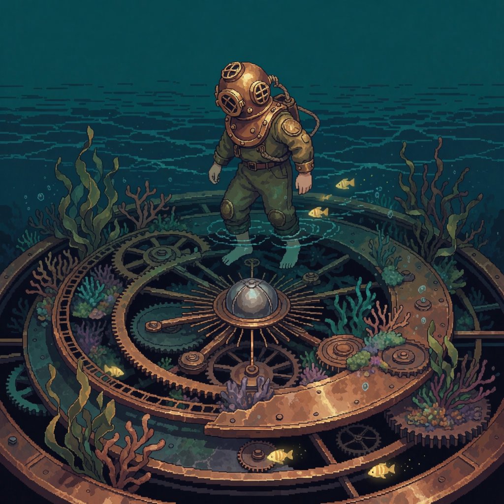 A brass-suited adult diver explores a submerged clockwork garden, where kelp curls around sunken gears and tiny fish glow in the dark; pixel art illustration, palette of teal, copper, midnight blue, and lemon yellow. — Krea 2 Medium