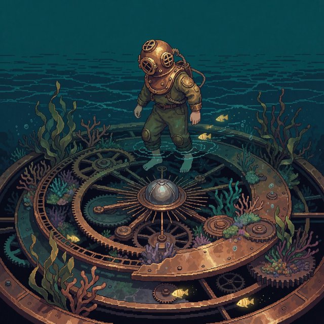 A brass-suited adult diver explores a submerged clockwork garden, where kelp curls around sunken gears and tiny fish glow in the dark; pixel art illustration, palette of teal, copper, midnight blue, and lemon yellow. — Krea 2 Medium