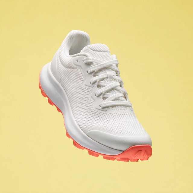 A white running sneaker with a coral sole floating at a slight angle over a pastel yellow background, studio lighting, no shadow on the backdrop. — Seedream 5.0 Pro