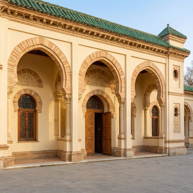 Exterior of a Moorish Revival municipal bathhouse, pale buff stucco, striped brick arches, green glazed tile roof and carved cedar doors; clear morning light, viewed across a paved courtyard, with coherent structure and crisp lines. — Qwen Image 3.0 Pro
