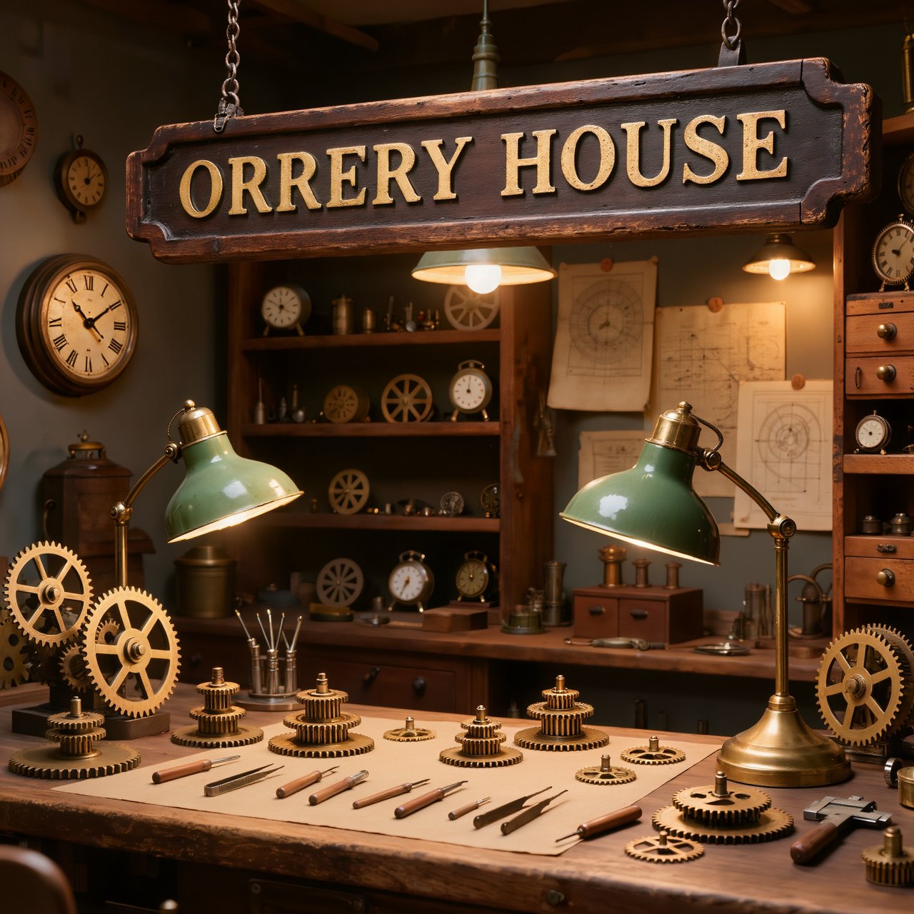 Inside a quiet clockmaker’s workshop, brass gears and tiny tools gleam beneath green-shaded lamps; "ORRERY HOUSE" is engraved in crisp serif letters on a dark walnut sign above the repair counter. — Kling v3