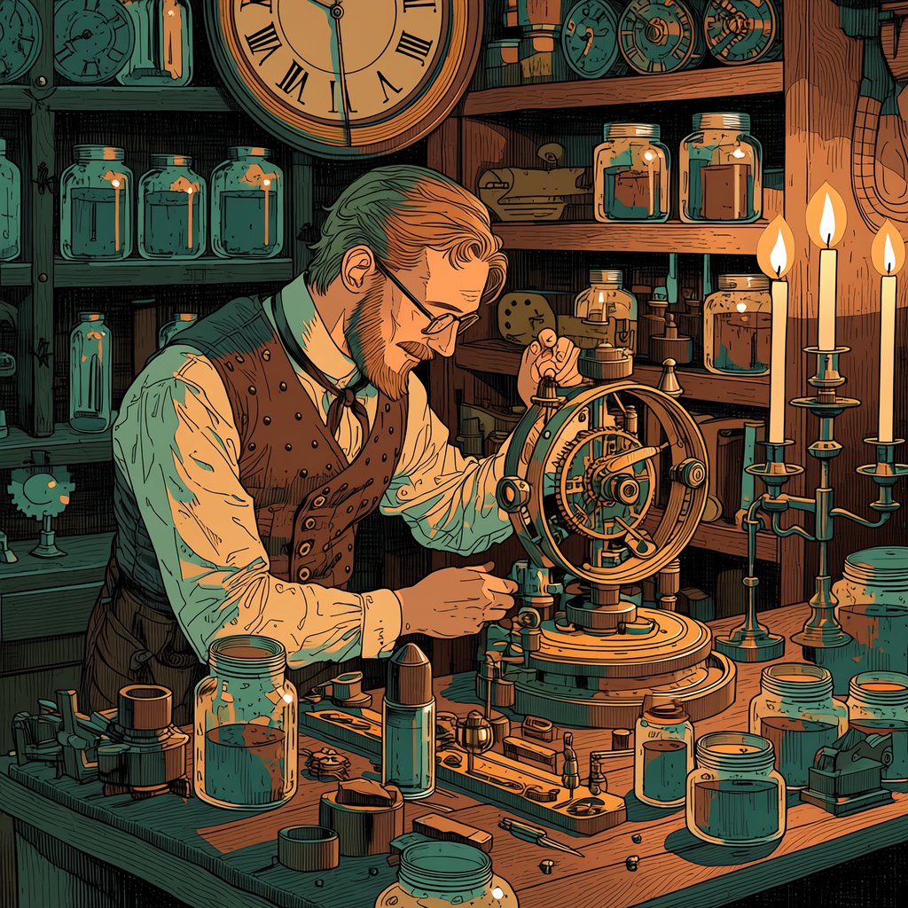 Engraved ink illustration of an adult clockmaker assembling a whimsical brass automaton in a candlelit workshop, with gears, springs, and glass jars surrounding the bench. Palette of charcoal, copper, teal, and honey yellow, with crisp crosshatching and warm shadows. — Midjourney Niji 7