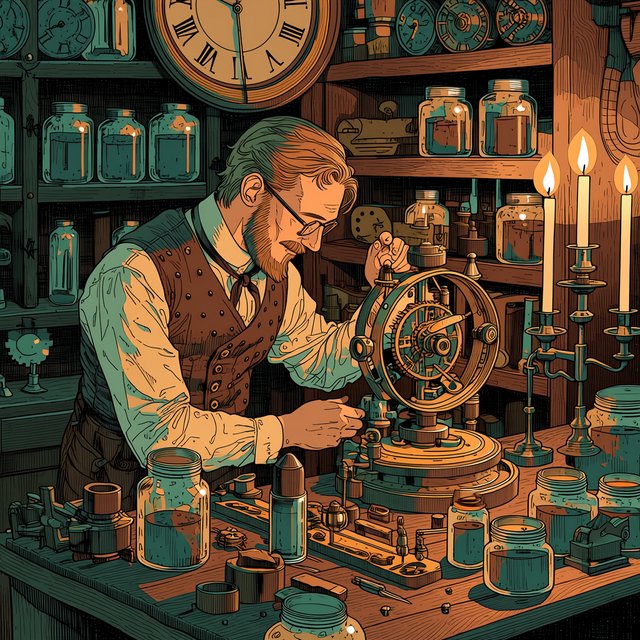 Engraved ink illustration of an adult clockmaker assembling a whimsical brass automaton in a candlelit workshop, with gears, springs, and glass jars surrounding the bench. Palette of charcoal, copper, teal, and honey yellow, with crisp crosshatching and warm shadows. — Midjourney Niji 7