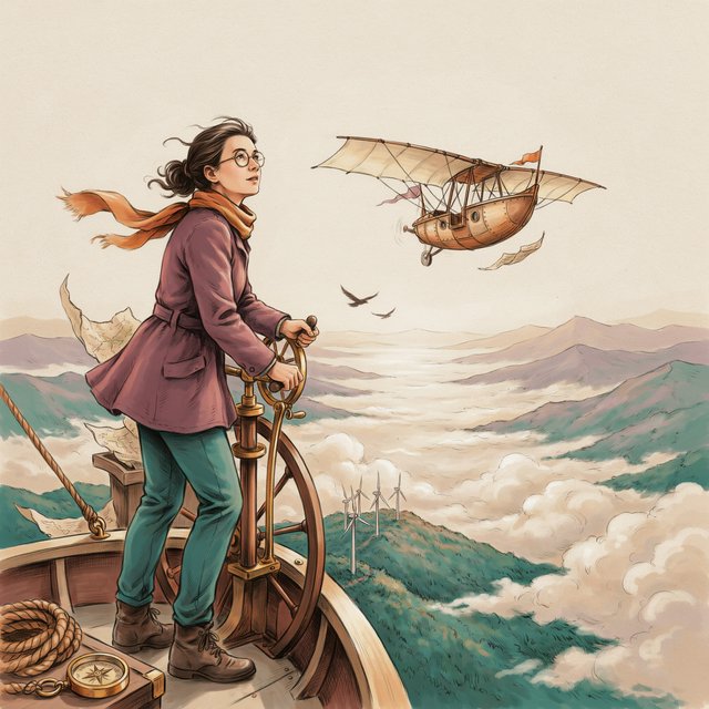 Ink-and-gouache illustration of an adult cartographer steering a small airship above a cloud-filled mountain valley, maps fluttering from the cabin and wind turbines turning below. Palette of emerald, ochre, plum, and cream, with lively linework and atmospheric washes. — Ideogram v4