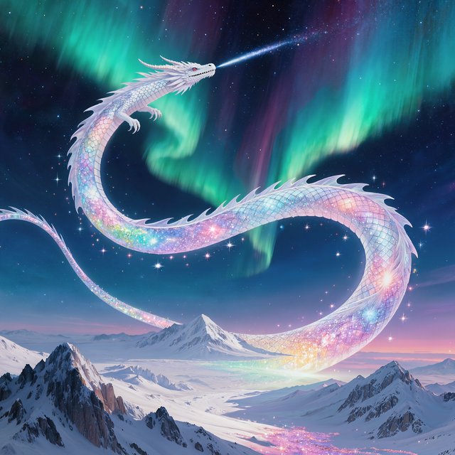 A majestic dragon made of pure starlight and frozen cosmic dust, soaring through a celestial winter landscape. Its scales shimmer with the light of a thousand galaxies, and its breath is a trail of icy comets. The background features swirling aurora borealis over a frozen, mountainous terrain. The style is a blend of painterly fantasy art and surrealism. — Kling v3