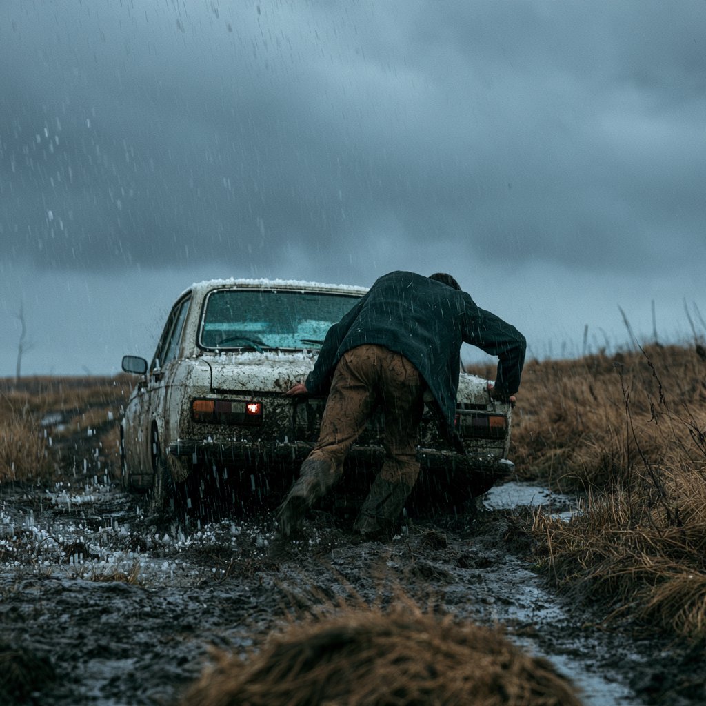 A man is pushing his car, which is stuck in the mud, amid heavy rain in the countryside. The sky is gloomy, and some hail is also falling on the car and the ground. The big man has mud all over his trousers. Show him struggling. — Midjourney V8.2