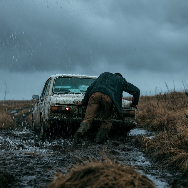 A man is pushing his car, which is stuck in the mud, amid heavy rain in the countryside. The sky is gloomy, and some hail is also falling on the car and the ground. The big man has mud all over his trousers. Show him struggling. — Midjourney V8.2