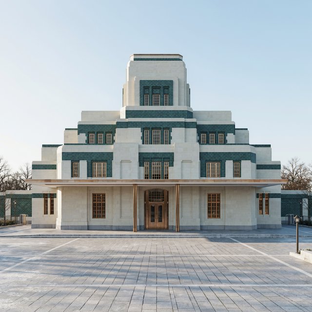 Exterior of an Art Deco railway terminal in pale limestone and dark green glazed brick, with stepped massing, bronze-framed windows, and a broad canopy; clear winter morning light, viewed from the station forecourt, precise lines and credible structure. — Ideogram v4.5