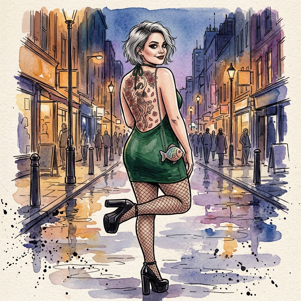 A realistic India ink illustration with crisp black lines depicting a realistic scene, anatomy, and proportions. The ink lines are colored with watercolors, while the black lines remain visible. Full-length composition. A 25-year-old woman named Mandy has a round face and short, trendy hair dyed grayish white. She wears a short, tight halter-top dress with a backless design, fishnet stockings, and high platform heels. She carries a tiny fish-shaped purse over one shoulder. She has smoky eyes and dark brown lipstick. Her entire back is covered with a huge tattoo of a dancing adult woman surrounded by a swirl of roses and rose petals. She poses for a picture in rear view, standing on one foot with the other foot raised and knee bent. She looks at us over one shoulder, making eye contact with the camera and smiling. — Nano Banana 2.1