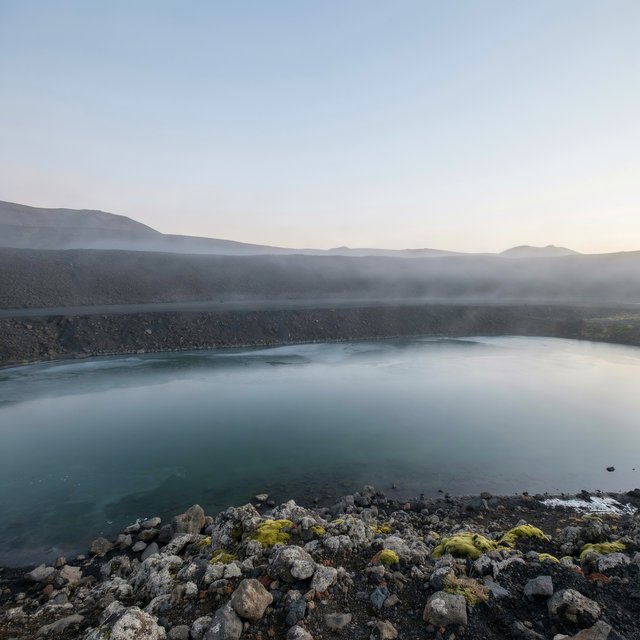 At first light, a rain-cleared volcanic caldera lake lies beneath thinning fog; pumice grains and damp lichen sharpen the near shore, while dark cinder slopes step back toward a distant rim. — Ideogram v4.5