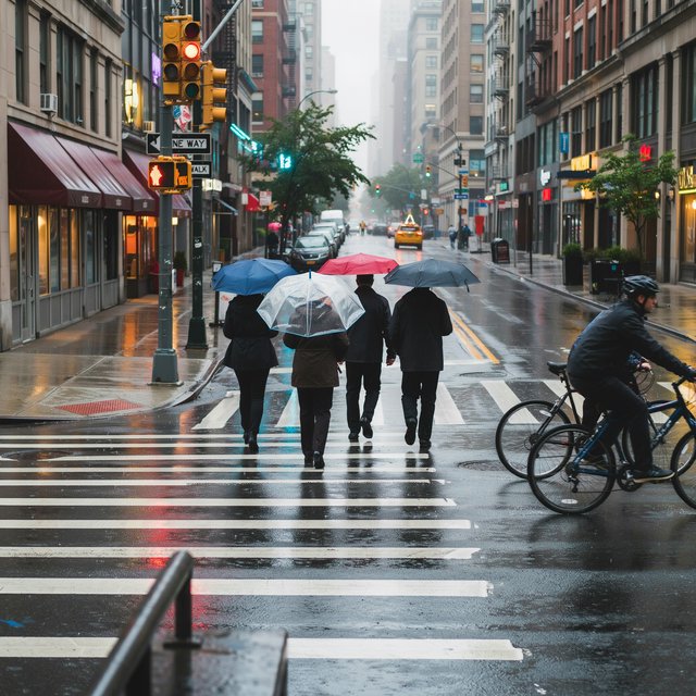 A rain-soaked city crosswalk at night seen from across the street, umbrellas, reflections of traffic lights on wet asphalt, slight motion blur on a passing cyclist. — Ideogram v4
