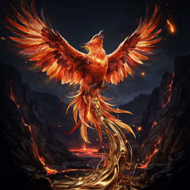 A majestic phoenix rising from a cascade of molten gold and shimmering embers against a backdrop of a dark, volcanic caldera. Its feathers are ablaze with brilliant oranges, reds, and fiery yellows. The air around it crackles with heat and energy. Style: Epic fantasy art with dynamic composition and vibrant color contrast — Ideogram v4