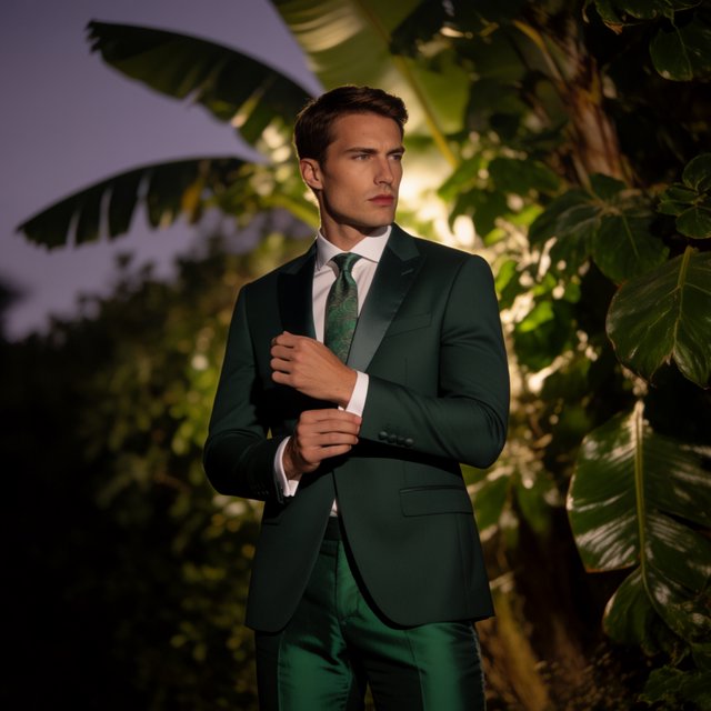 Along a garden path at violet dusk, an adult man in a midnight-green dinner suit adjusts one cuff beneath warm lantern glow, caught in a quiet pre-event pause with glossy leaves and elegant magazine polish. — Krea 2 Medium