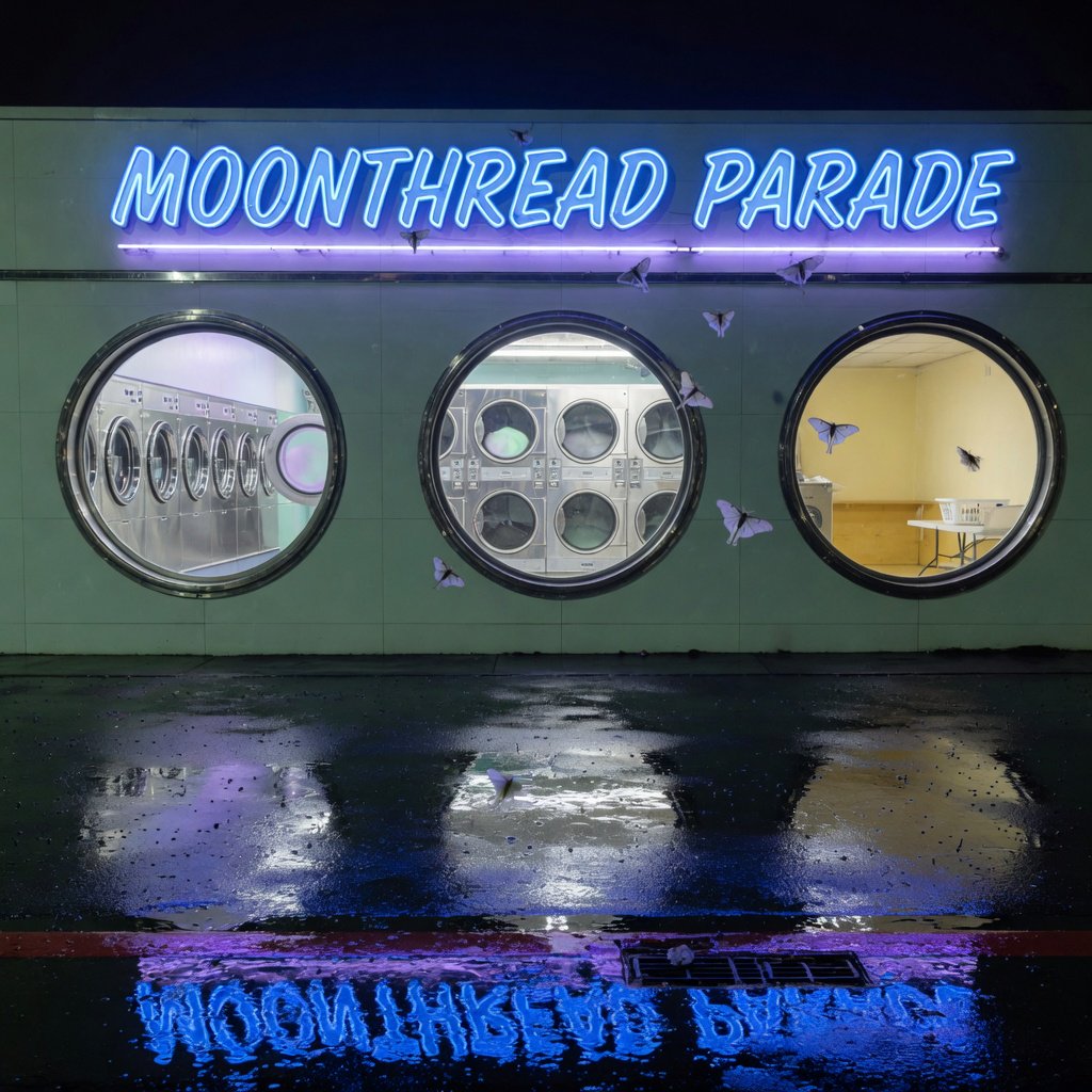 At midnight, moths circle the laundromat’s glowing round windows while chrome washing machines gleam inside; “MOONTHREAD PARADE” shines in icy blue neon above the entrance, reflected across the wet pavement, with no other lettering visible. — Grok Imagine Image Quality