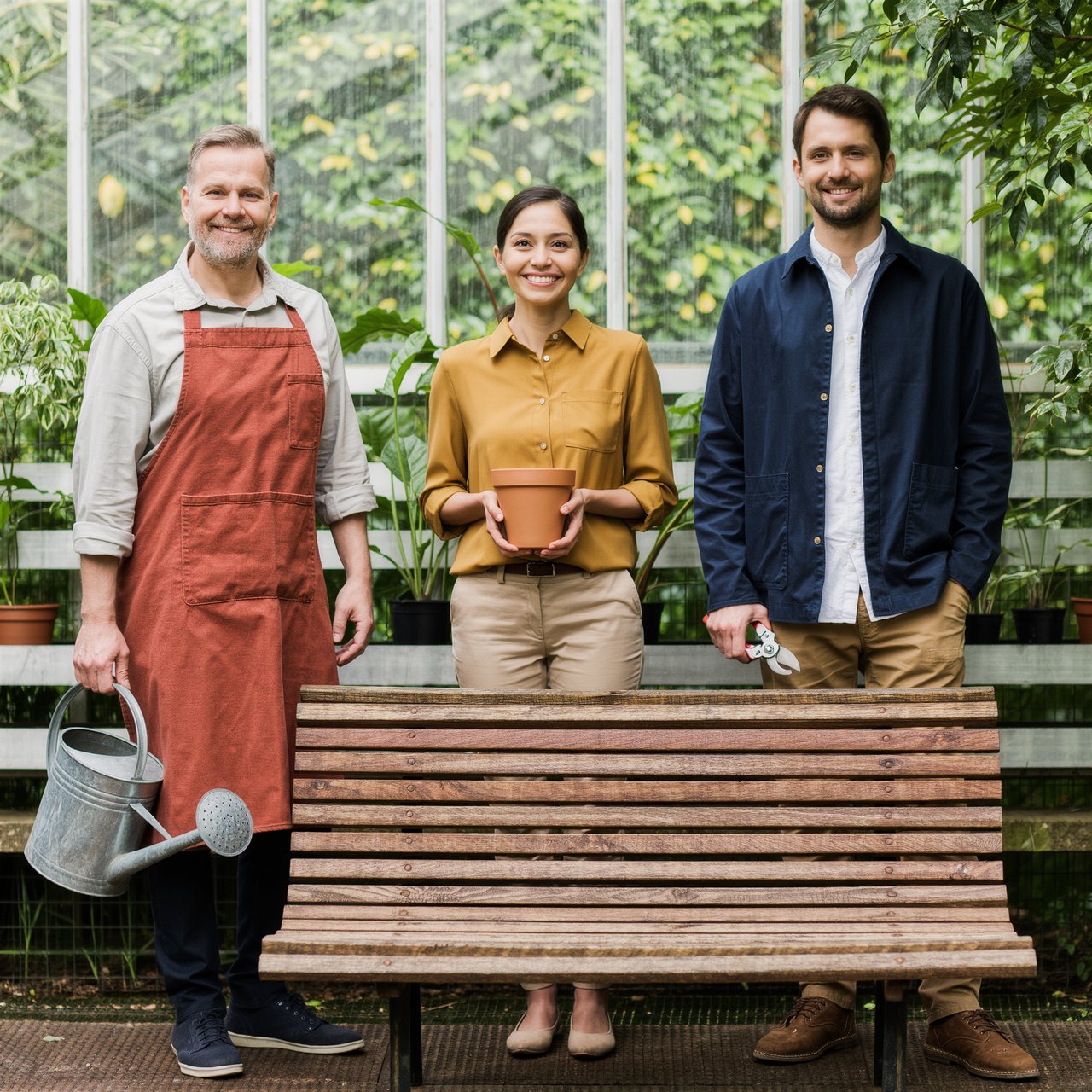 At a quiet greenhouse bench, exactly three adult botanists stand in a row: left wears a rust-red apron and holds a watering can, center wears a mustard shirt and holds a terracotta pot, right wears a navy jacket and holds pruning shears; nothing else. — Kling v3 Omni