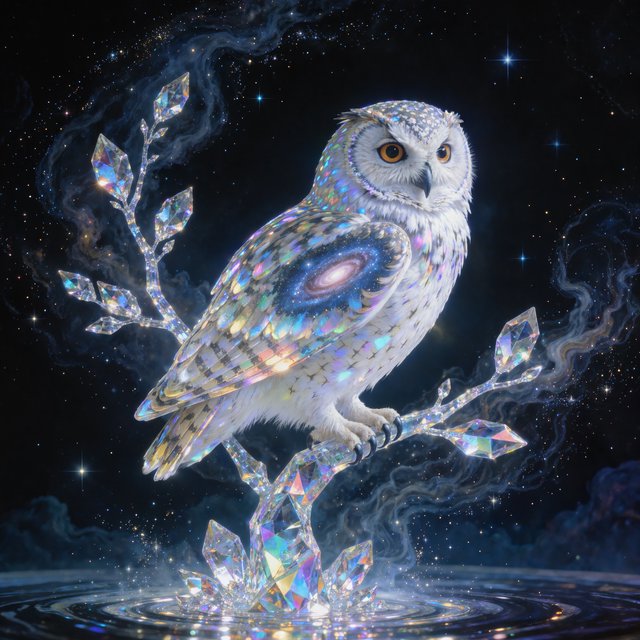 An ethereal owl with feathers made of shimmering moonlight and eyes like miniature galaxies, perched on a branch of a crystalline tree that grows in a void. Wisps of cosmic dust drift around it, and faint constellations are visible in the background. The scene evokes a sense of profound tranquility and celestial mystery. Style: Ethereal, surrealism, with a touch of photorealism. — Kling v3 Omni