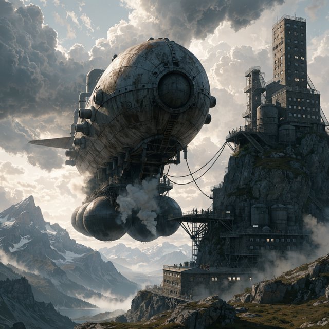 Concept art of a weathered cargo airship docking at a mountaintop station, crew tiny for scale, late afternoon light. — Recraft v4