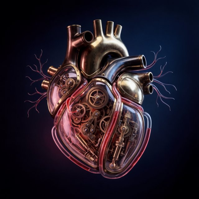 A beautifully intricate mechanical heart floating alone in deep darkness, designed like an exquisite piece of horological sculpture. Its polished brass, copper, and dark steel chambers are partially open, revealing layers of tiny interlocking gears, delicate springs, pistons, and precision mechanisms within. Sections of crystal-clear glass expose deeper workings, while slender tubes carry a faintly glowing fluid through the heart like an artificial bloodstream. Tiny gears turn and pistons move, suggesting that the heart is genuinely functioning. Fine mechanical filaments curl outward like veins and arteries, catching subtle highlights from the warm inner glow. Elegant steampunk aesthetic, dramatic cinematic lighting, rich metallic textures, intricate reflections, mysterious atmosphere. — Krea 2 Large