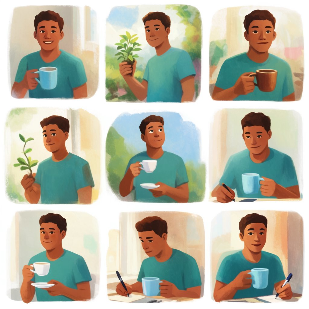 A realistic multi-panel composition with 4–7 panels, each depicting an adult enjoying a wonderful day in a distinct everyday setting. — Krea 2 Large