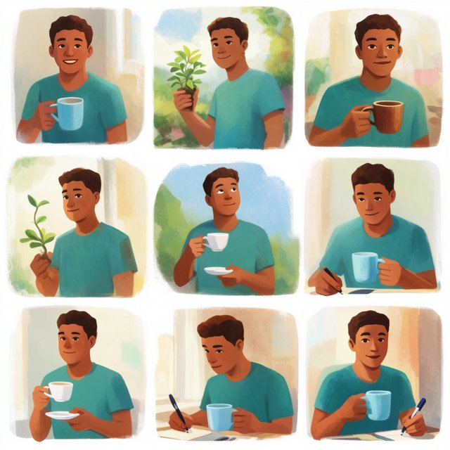 A realistic multi-panel composition with 4–7 panels, each depicting an adult enjoying a wonderful day in a distinct everyday setting. — Krea 2 Large