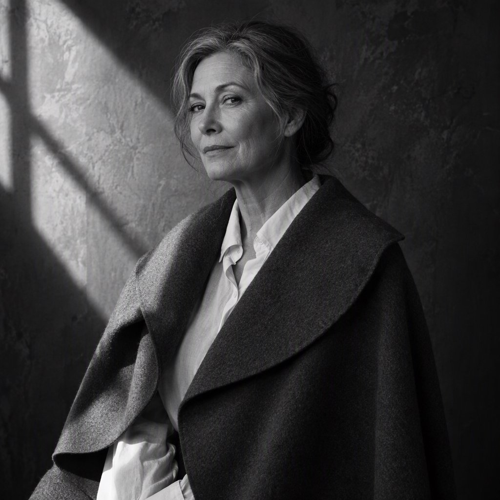 Under a narrow window beam, an adult woman in her late 50s wears a sculpted wool cape over a cotton blouse; her wry expression rests against a charcoal plaster backdrop in a black-and-white portrait, shaped by soft angled light. — GPT Image 2.5 Sunburst
