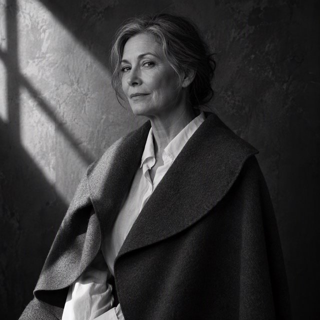 Under a narrow window beam, an adult woman in her late 50s wears a sculpted wool cape over a cotton blouse; her wry expression rests against a charcoal plaster backdrop in a black-and-white portrait, shaped by soft angled light. — GPT Image 2.5 Sunburst