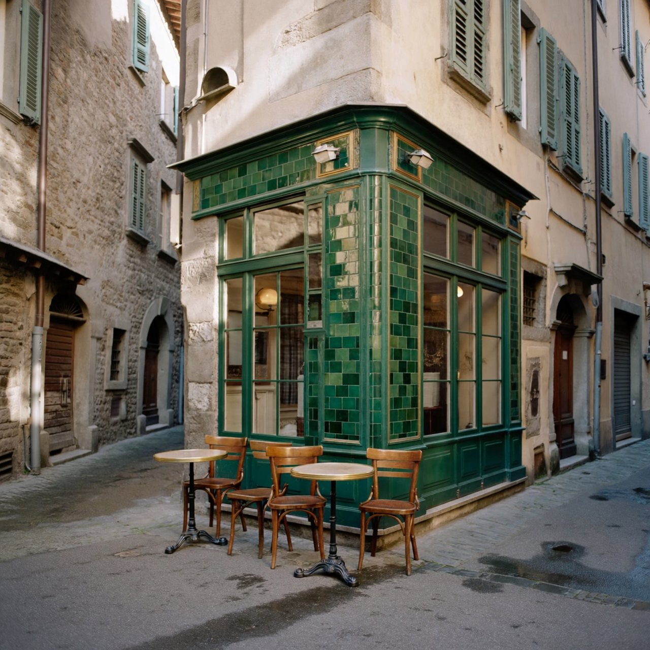 A tiny corner café in a narrow European street, green tiled facade, two bistro tables, morning light, no people. — ImagineArt 2