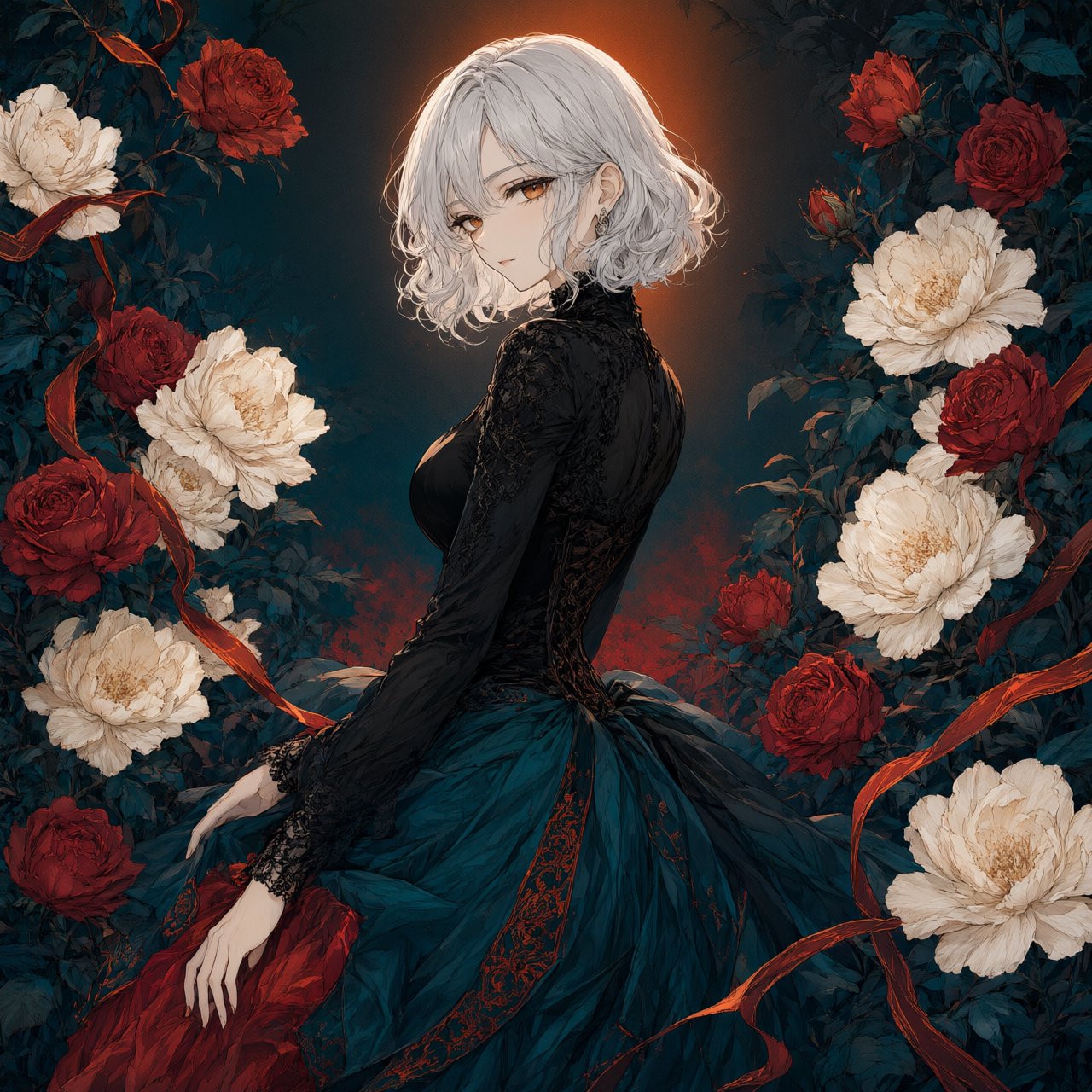 An elegant gothic woman sits sideways among oversized ivory blossoms, crimson roses, and dark teal foliage, turning toward the viewer with half-lidded amber eyes. She has a softly waved silver-white bob and a fitted black gown with lace, embroidered sleeves, and a sculpted corset. Deep-teal skirt folds reveal crimson lining and burnt-orange embroidery. Crimson ribbons with orange edging weave through the flowers, leaving breathing room around her pale face and hands. A deep-teal background fades into charcoal, with muted burnt-orange light behind her head, faint crimson haze below, and botanical shadows. Fine ordered dithering, delicate checkerboard patterns, and clustered pigment grains soften background transitions only; the woman and flowers remain smoothly painted. Crimson, deep teal, glowing orange, lacquer black, and warm ivory palette. Soft frontal fill, luminous hair, readable black fabric, subtle orange rim light, refined gothic anime, precise linework, dramatic floral framing — Qwen Image 3.0 Pro