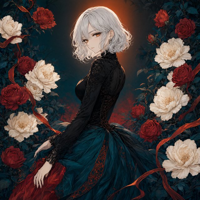 An elegant gothic woman sits sideways among oversized ivory blossoms, crimson roses, and dark teal foliage, turning toward the viewer with half-lidded amber eyes. She has a softly waved silver-white bob and a fitted black gown with lace, embroidered sleeves, and a sculpted corset. Deep-teal skirt folds reveal crimson lining and burnt-orange embroidery. Crimson ribbons with orange edging weave through the flowers, leaving breathing room around her pale face and hands. A deep-teal background fades into charcoal, with muted burnt-orange light behind her head, faint crimson haze below, and botanical shadows. Fine ordered dithering, delicate checkerboard patterns, and clustered pigment grains soften background transitions only; the woman and flowers remain smoothly painted. Crimson, deep teal, glowing orange, lacquer black, and warm ivory palette. Soft frontal fill, luminous hair, readable black fabric, subtle orange rim light, refined gothic anime, precise linework, dramatic floral framing — Qwen Image 3.0 Pro
