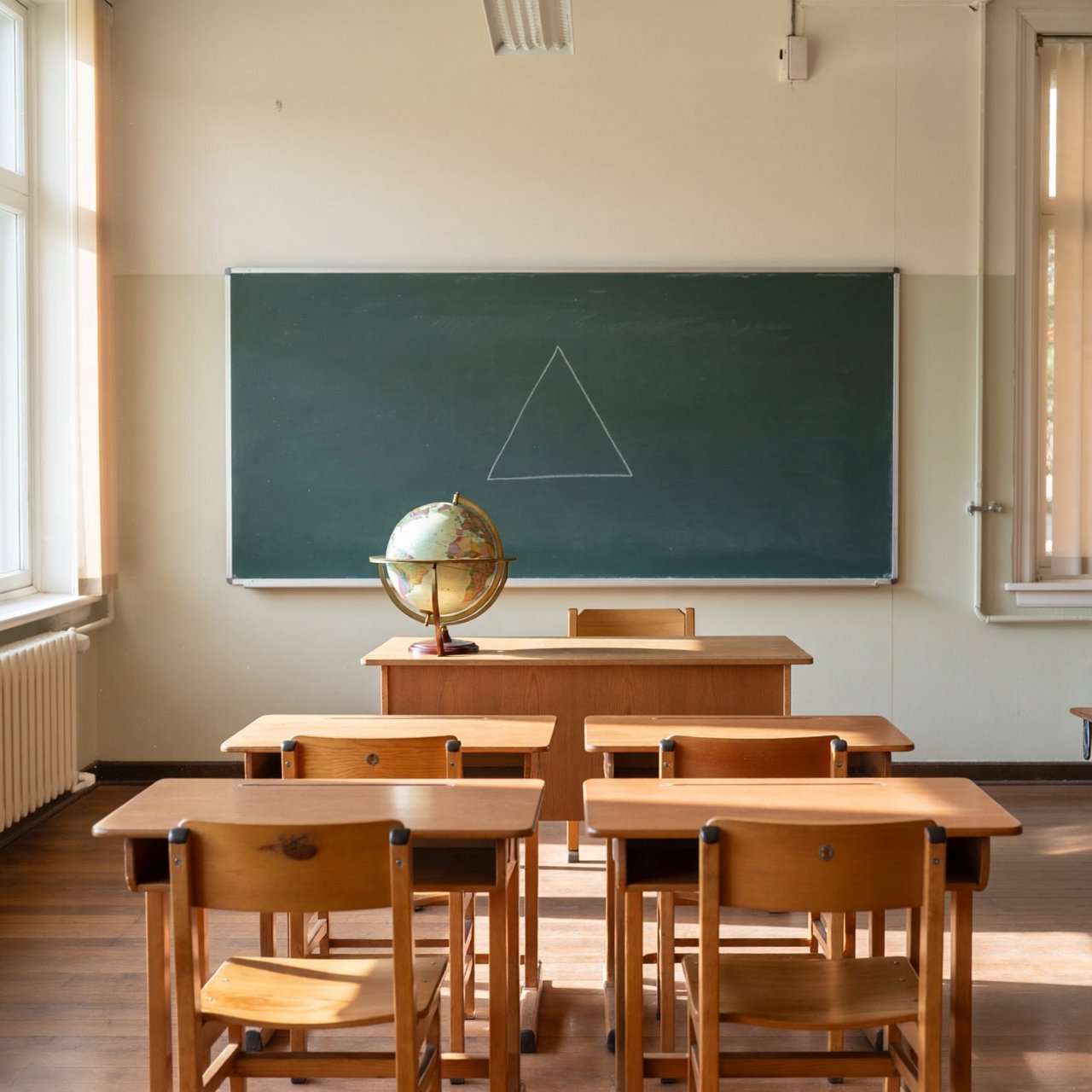 A classroom with exactly four desks in two rows, a globe on the teacher's desk, a chalkboard with a single drawn triangle, empty of people. — ImagineArt 2
