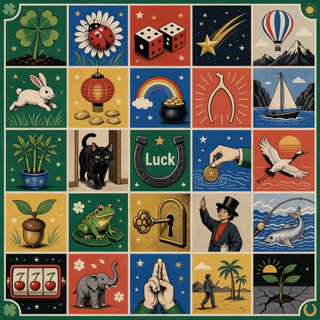 Many panels. Each panel represents an item, thing, creature, or scene that represents Luck. The word "Luck" appears at least once in the image. Be as creative as possible. — FLUX 3 Image