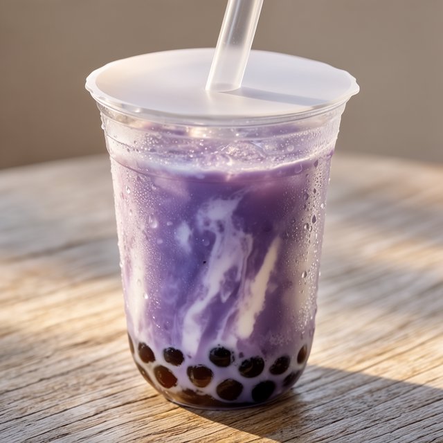 Photorealistic product shot of iced taro bubble tea in a clear frosted plastic cup, condensation beading down curved sides, wide clear straw piercing matte white domed lid. Plump dark brown tapioca pearls settled at the base, swirled creamy purple tea with soft marbled cream streaks, fine ice crystals glinting inside. Resting on weathered light oak table, soft golden hour side lighting casting gentle long shadows, warm neutral beige background. Shallow depth of field, sharp focus on glass texture and pearl details, professional food photography aesthetic, soft moody warm colour palette with rich lavender and caramel tones. — Krea 2 Large