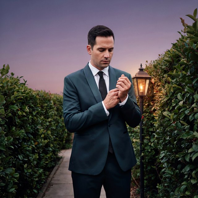 Along a garden path at violet dusk, an adult man in a midnight-green dinner suit adjusts one cuff beneath warm lantern glow, caught in a quiet pre-event pause with glossy leaves and elegant magazine polish. — Ideogram v4.5