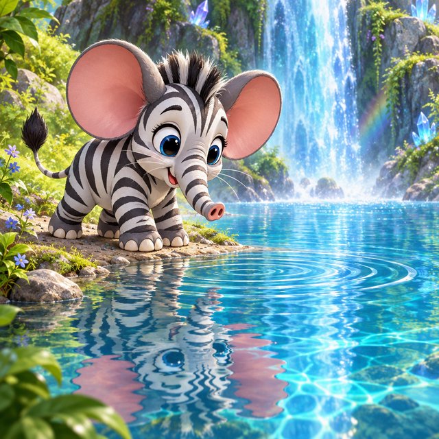 An adorable animal in a cartoon illustration, a cross between an elephant, a zebra, and a mouse. On the shore at the base of a magical waterfall flowing into a crystal-blue pond. Ripples create a wavy reflection in the water. — GPT Image 2.5 Flare